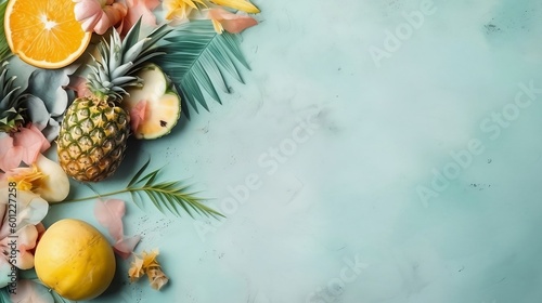 Assorted tropical fruits and leaves in pastel colors on a blue background. Created with Generative AI tools.