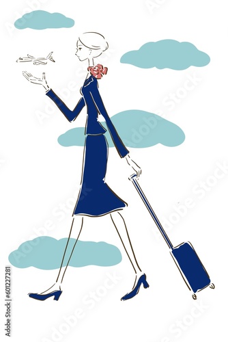 This is an illustration of a flight attendant and an airplane.