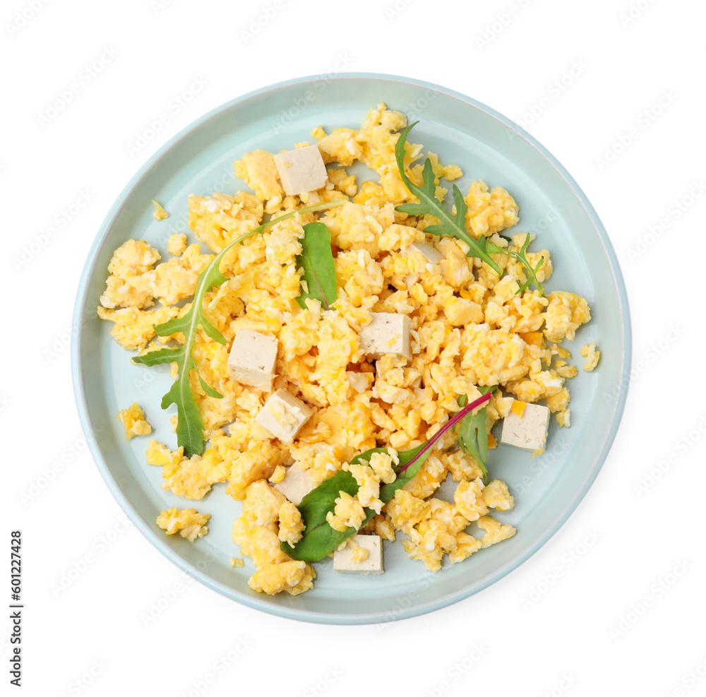 Plate with delicious scrambled eggs and tofu isolated on white, top view Plate with delicious scrambled eggs and tofu isolated on white, top view