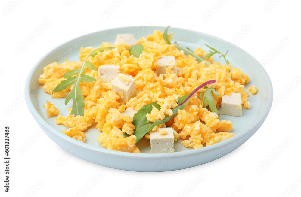 Plate with delicious scrambled eggs and tofu isolated on white Plate with delicious scrambled eggs and tofu isolated on white
