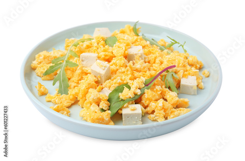 Plate with delicious scrambled eggs and tofu isolated on white