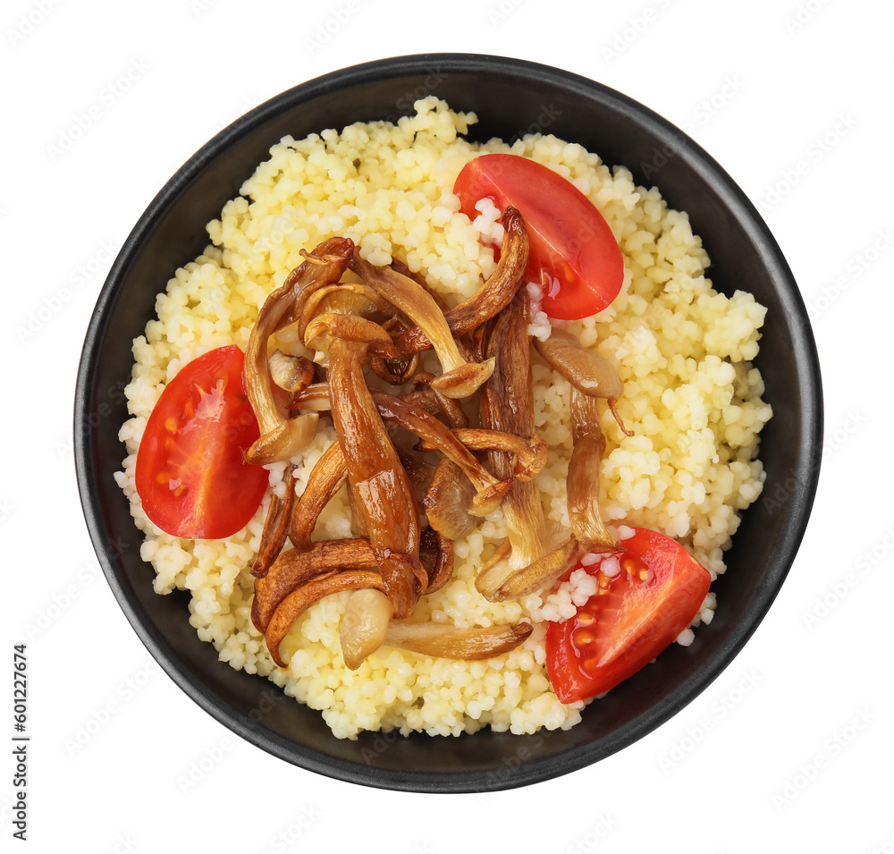 Tasty couscous with mushrooms and tomatoes on white background, top view Tasty couscous with mushrooms and tomatoes on white background, top view