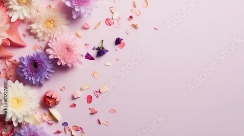 Flowers on a pink background with petals scattered around. Created with Generative AI tools.
