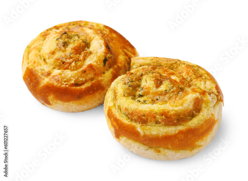 Fresh delicious puff pastry with tasty filling on white background
