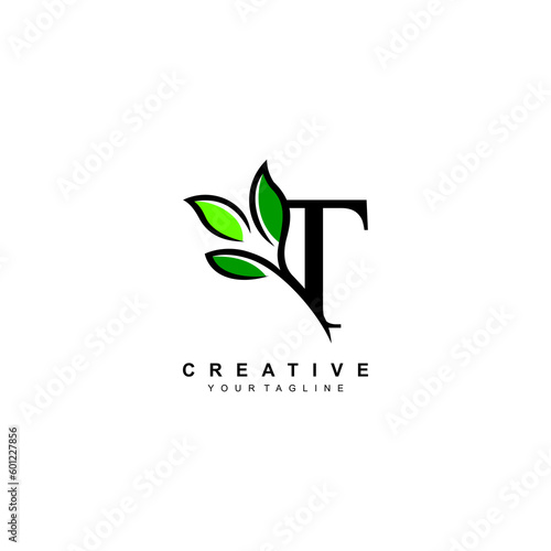 Nature theme letter T logo design with leaves vector. T nature. T leaf logo, suitable for nature business logos, nature ecology logo symbols, health logos, leaf logos, etc.