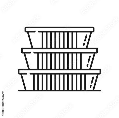 Plastic food containers takeaway boxes packages isolated outline icon. Vector foil, styrofoam or cardboard boxes set, fastfood lunch packaging