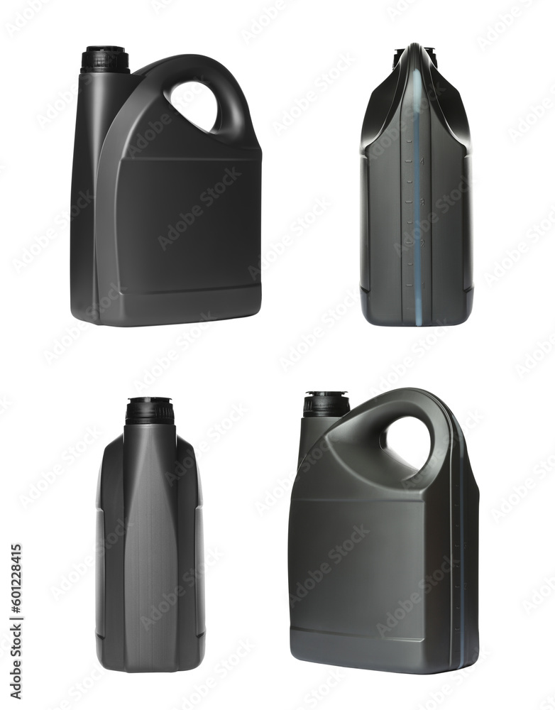 Black container with motor oil on white background, different sides. Collage design Black container with motor oil on white background, different sides. Collage design