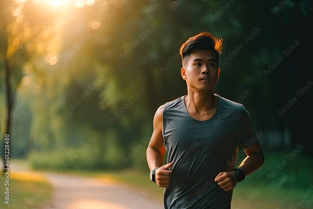 Young asian man running in park at sunset, summer season. Generative AI Young asian man running in park at sunset, summer season. Generative AI
