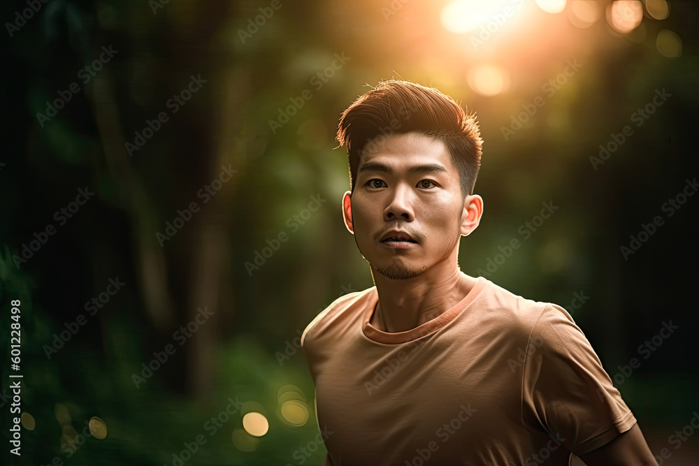 Young asian man running in park or forest at sunset, summer season. Generative AI Young asian man running in park or forest at sunset, summer season. Generative AI