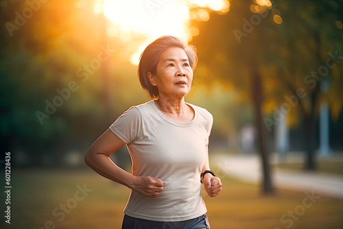 Older asian woman running in park or forest at sunset. Generative AI © MVProductions