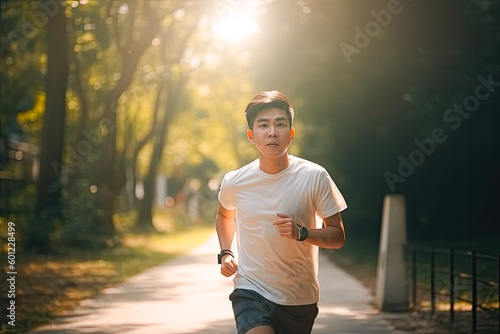 Young asian man running in park or forest  summer season. Generative AI