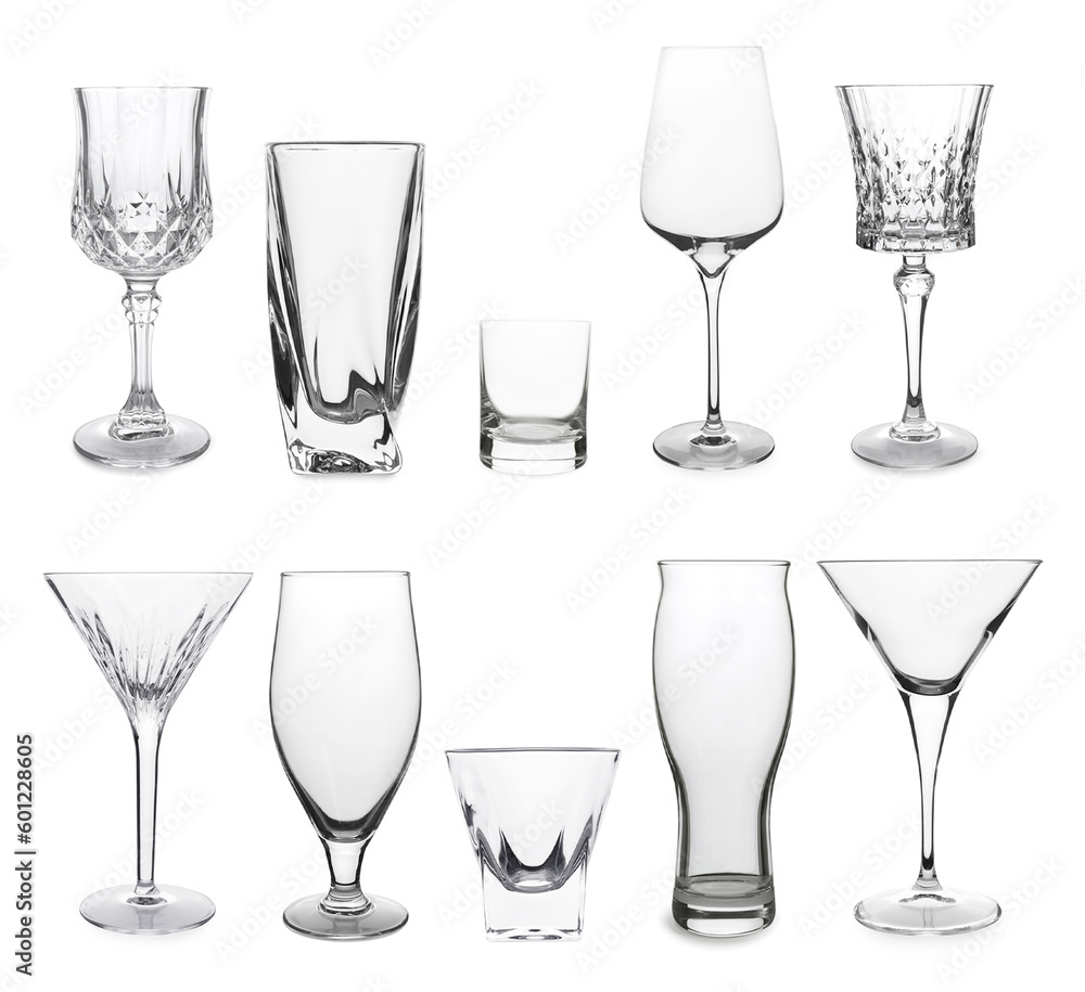 Collage with different empty glasses on white background Collage with different empty glasses on white background
