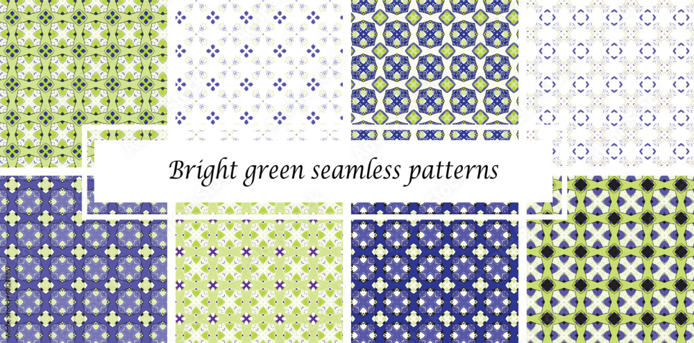  Bright green vector geometric seamless patterns collection. Set of bright colorful backgrounds with ornaments. Cute texture in pop art colors. 