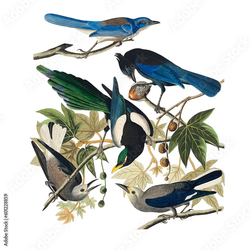 Photography Botanical illustration of different types of birds with flowers on a white backg