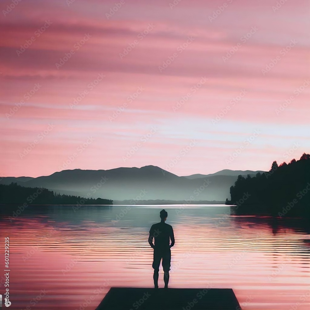 Quiet Silence Lake View with Ripple Water Surface at Sunset with Pink Skies with Hazy Clouds & Mountain Range background & a man standing reflecting on a dock looking out over the water Generative AI