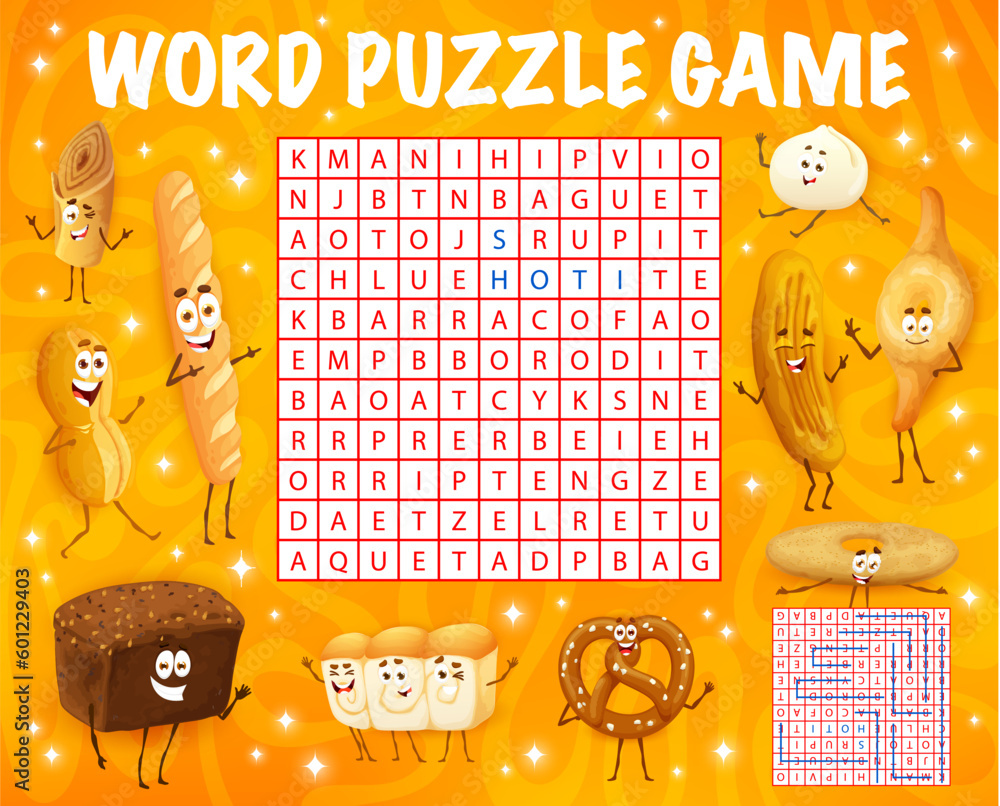 Word search puzzle game. Cartoon bakery, pastry and bread characters