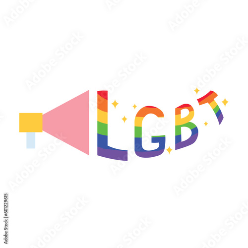 Megaphone with rainbow abbreviation LGBT on white background