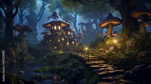 Fantasy magical forest with path to a building. Made with Generative AI.