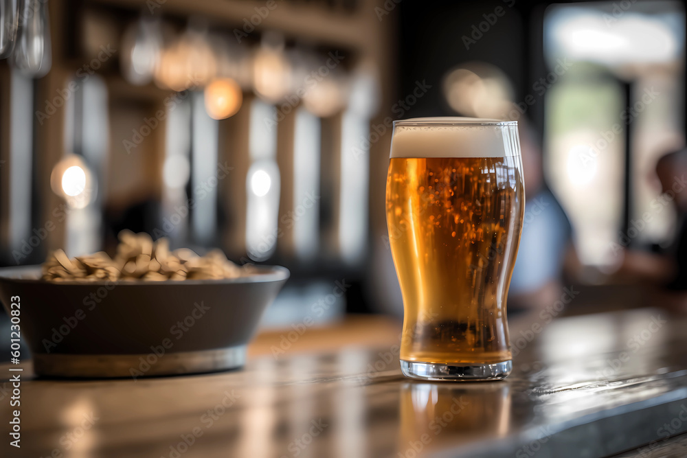 Beer in a glass on a bar counter with blurry background, generative AI Beer in a glass on a bar counter with blurry background, generative AI