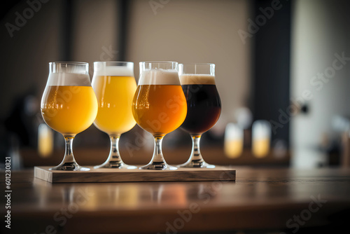 Flight of beer for tasting on a bar counter with a blurred background, generative AI © fahrwasser