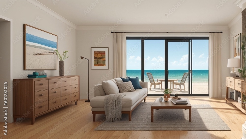 Living room with a view of the ocean, generative ai Living room with a view of the ocean, generative ai