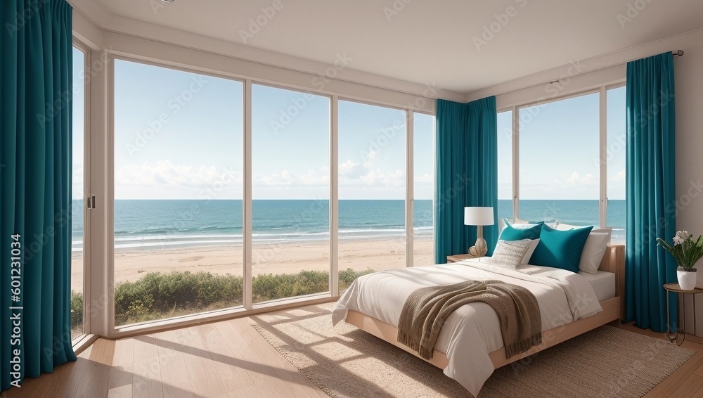 Living room with a view of the ocean, generative ai Living room with a view of the ocean, generative ai