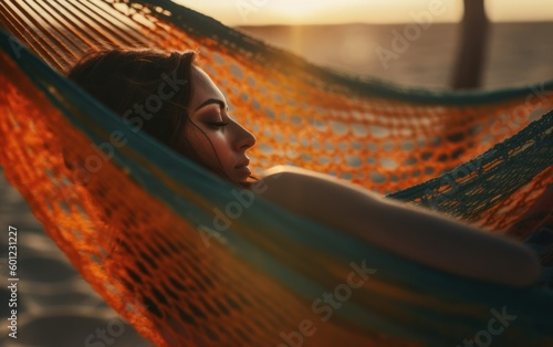 A young woman relaxing in a hammock at the beach. Summer holidays vacations illustration concept. Generative AI. photo