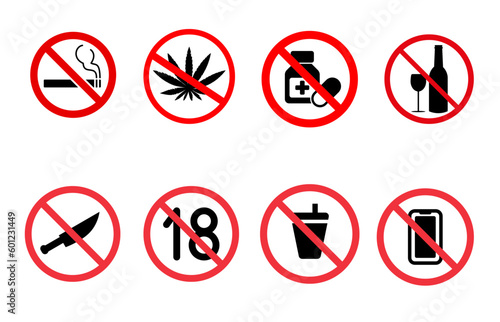 Prohibition signs like. No Smoking. Take medicine. Carrying narcotics is prohibited. And others. Stock vector illustration.