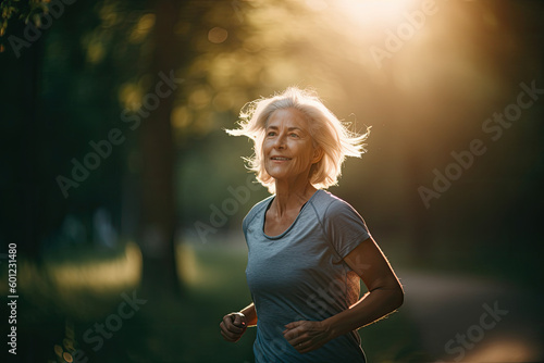 A middle aged woman running in the city park at setting sun. Generative AI © MVProductions
