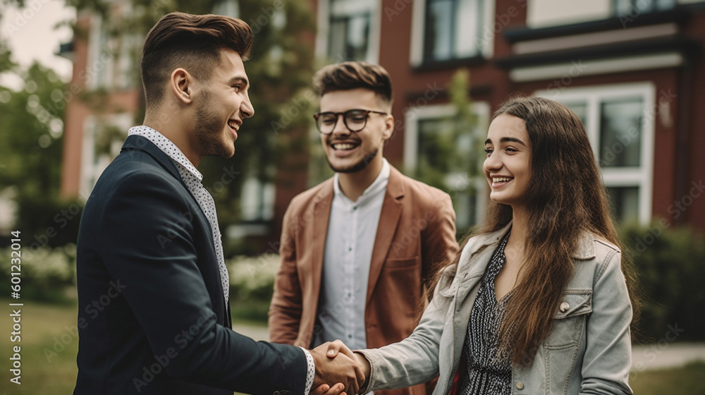 Young Adult Couple Shaking Hands with Their Real Estate Agent In Front of A New House - Generative AI. Young Adult Couple Shaking Hands with Their Real Estate Agent In Front of A New House - Generative AI.