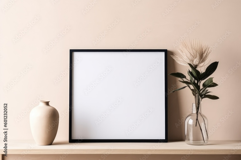 Empty horizontal frame mockup in modern minimalist interior with plant in trendy vase on beige wall background. Template for artwork, painting, photo or poster. Generative AI Empty horizontal frame mockup in modern minimalist interior with plant in trendy vase on beige wall background. Template for artwork, painting, photo or poster. Generative AI