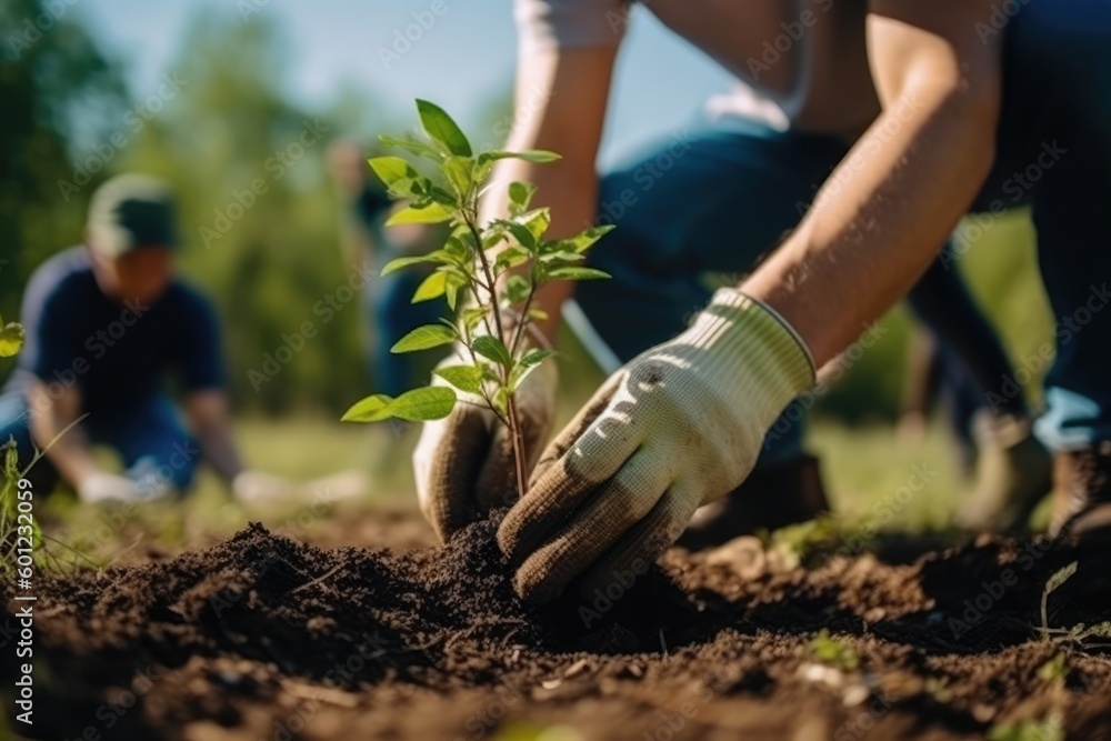 Person planting trees or working in community garden promoting local food production and habitat restoration, concept of Sustainability and Community Engagement. generative AI Person planting trees or working in community garden promoting local food production and habitat restoration, concept of Sustainability and Community Engagement. generative AI