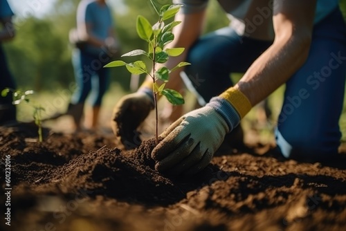 Person planting trees or working in community garden promoting local food production and habitat restoration, concept of Sustainability and Community Engagement. generative AI