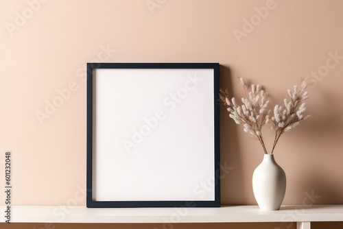 Empty horizontal frame mockup in modern minimalist interior with plant in trendy vase on beige wall background. Template for artwork, painting, photo or poster. Generative AI