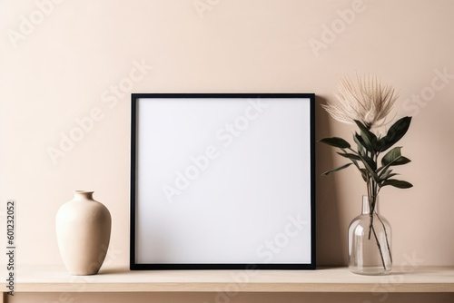 Empty horizontal frame mockup in modern minimalist interior with plant in trendy vase on beige wall background. Template for artwork  painting  photo or poster. Generative AI