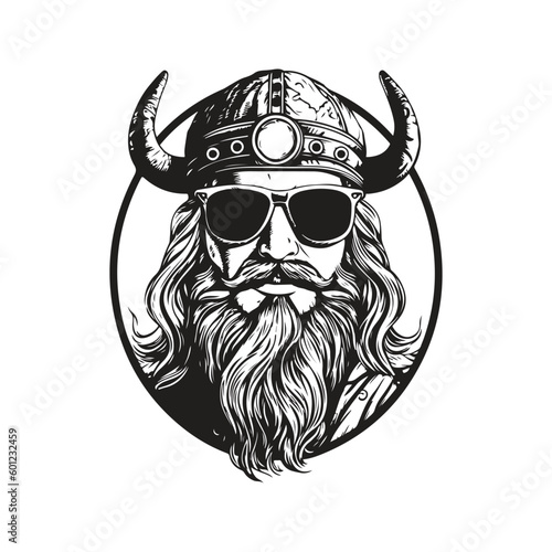 viking wearing sunglasses, vintage logo line art concept black and white color, hand drawn illustration