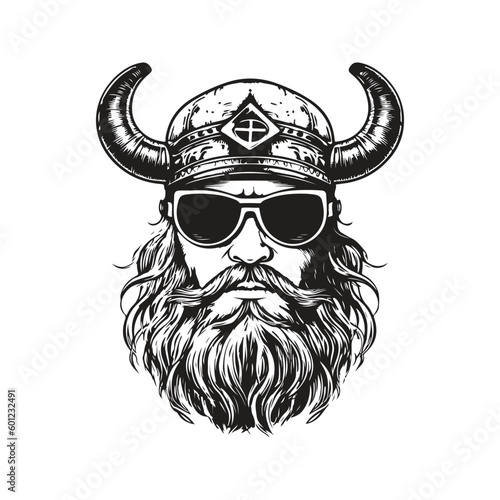 viking wearing sunglasses, vintage logo line art concept black and white color, hand drawn illustration
