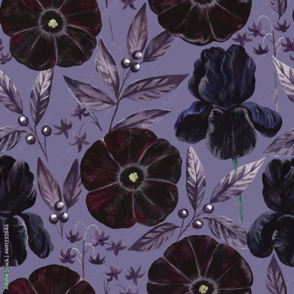 Gothic floral seamless pattern with watercolor black and purple velvet ...