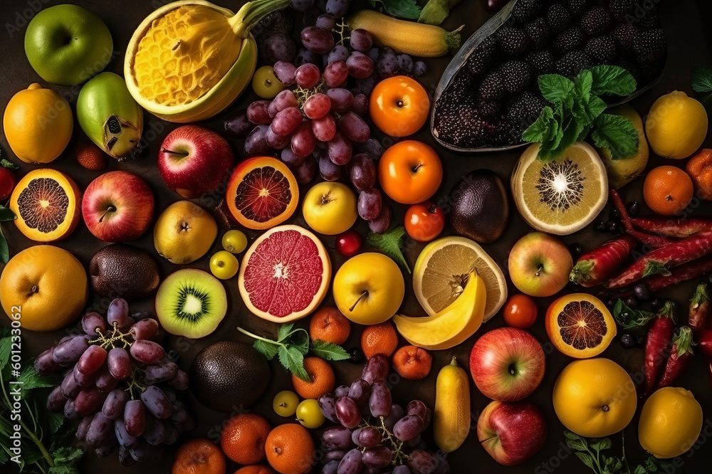 Healthy food clean eating selection: fruit, vegetable, seeds, superfood, leaf vegetable on dark wooden background. Created with generative AI tools.