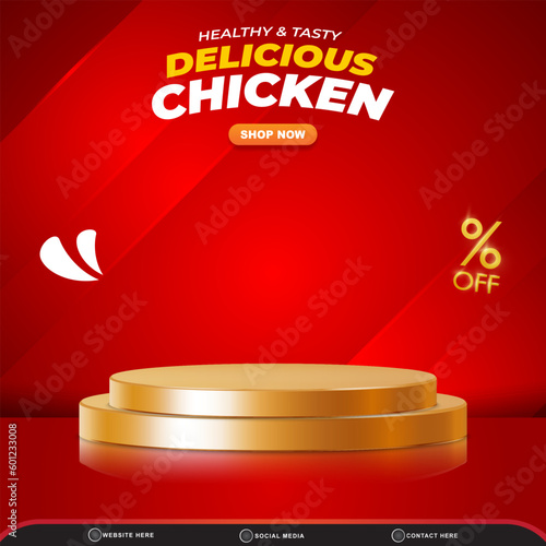 food sale discount square social media post template banner with copy space 3d podium with abstract gradient red background design