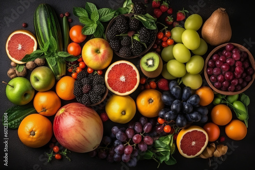 Healthy food clean eating selection: fruit, vegetable, seeds, superfood, leaf vegetable on dark wooden background. Created with generative AI tools.
