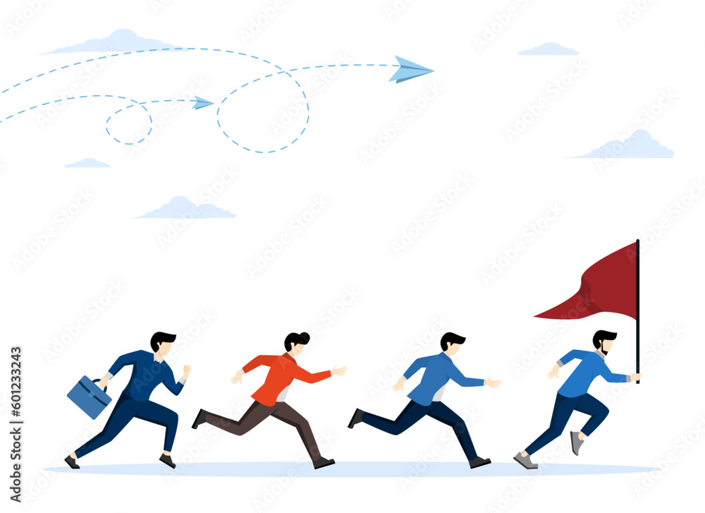 Leader businessman helping team walk forward to goal, leadership teamwork business concept growth and path to success, flat design vector illustration on white background.