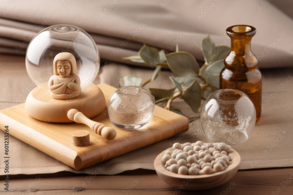 Tibetan singing copper bowl with a wooden clapper, objects for meditation and alternative medicine. Created with generative AI tools. Tibetan singing copper bowl with a wooden clapper, objects for meditation and alternative medicine. Created with generative AI tools.
