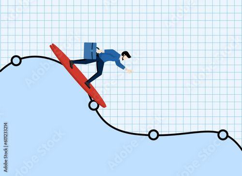 Survive stock market volatility, investment fluctuation or market ups and downs, professionally to smooth the way in market downturn, confident businessman exploring stock market wave chart.