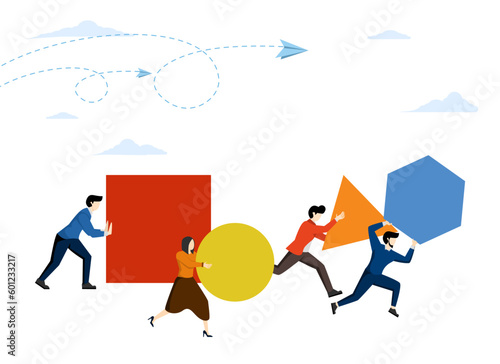Concept of innovation in business, Businessman pushing the ball and leading the race against another group who are not so lucky pushing boxes. winning strategy, flat vector illustration.