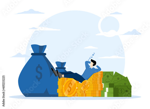 successful businessman earning investment profit, Rich man with wealth, early retirement financial independence concept, happy rich businessman lying singing on pile of coins and banknotes.