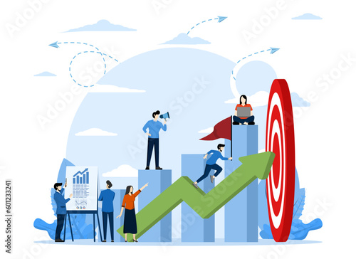 people running to their goal in column, increase motivation, teamwork to achieve target or business goal, path to achieve target, Vector flat illustration on white background.