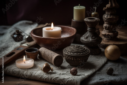 Tibetan singing copper bowl with a wooden clapper  objects for meditation and alternative medicine. Created with generative AI tools.