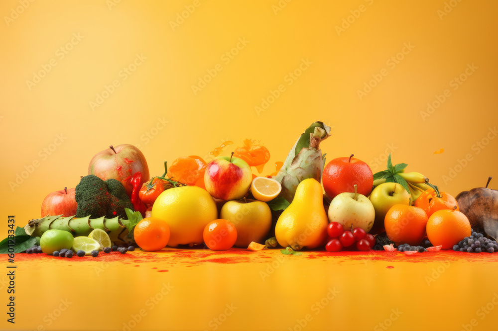 Various flying or falling summer fruits, berries and vegetables on vibrant background. Healthy detox food layout concept. Created with generative AI tools. Various flying or falling summer fruits, berries and vegetables on vibrant background. Healthy detox food layout concept. Created with generative AI tools.