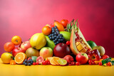 Various flying or falling summer fruits, berries and vegetables on vibrant background. Healthy detox food layout concept. Created with generative AI tools.